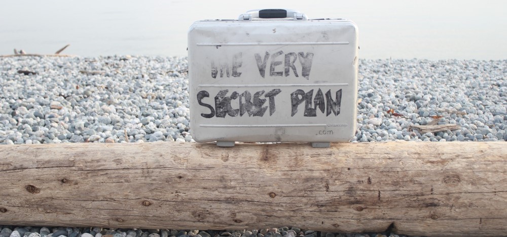briefcase on a beach with writing that says “the very secret plan” | make the pain of compliance go away
