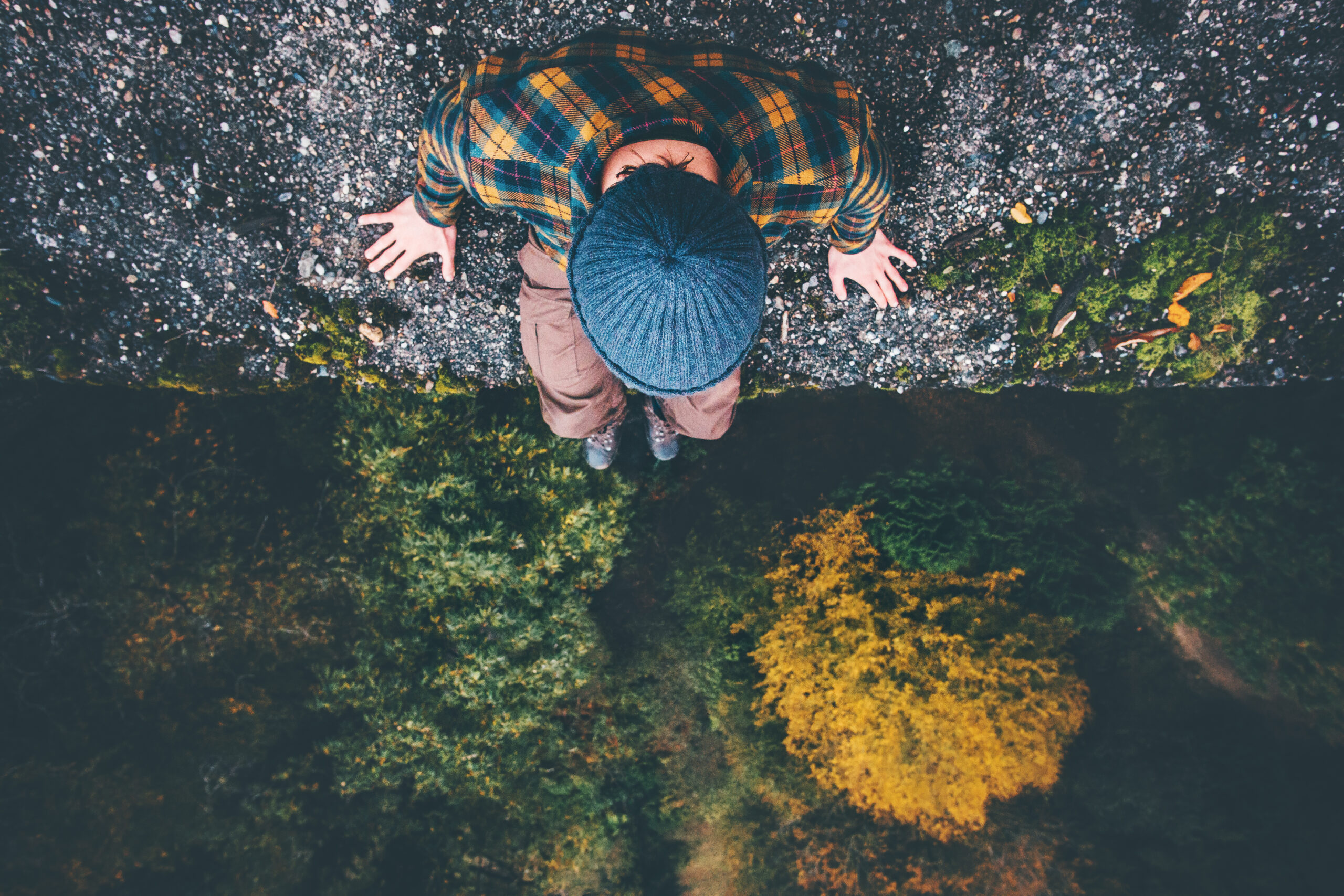 Male traveler sitting on cliff edge with forest aerial view | add multiple certifications