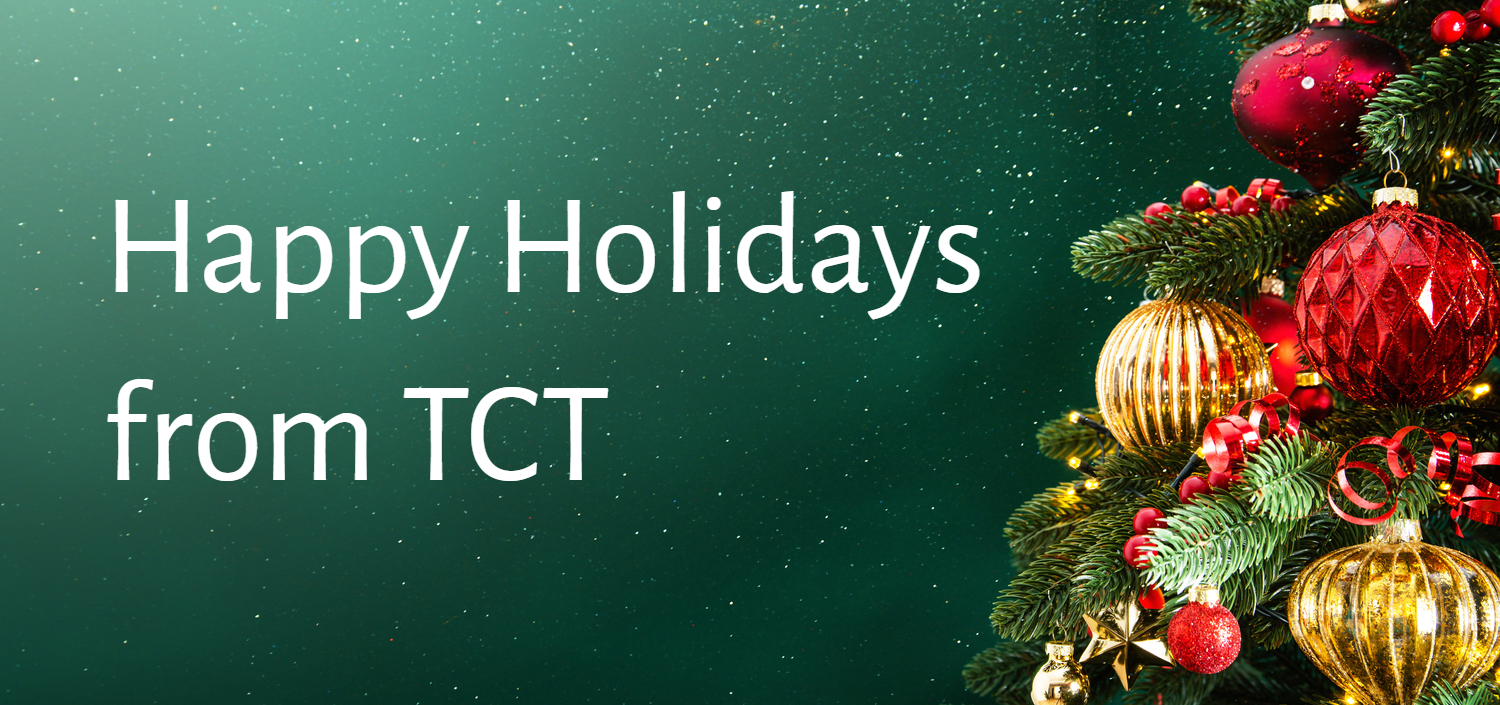 Decorated background with ornaments and lights Christmas tree on dark green background | Happy Holidays from TCT
