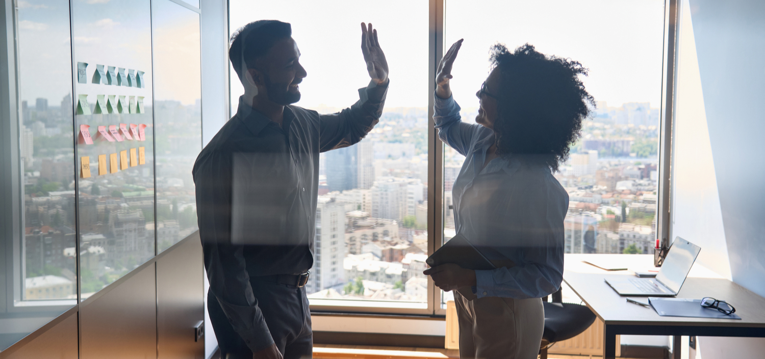 Silhouettes of male and female colleagues giving high five | TCT Portal makes your company more profitable