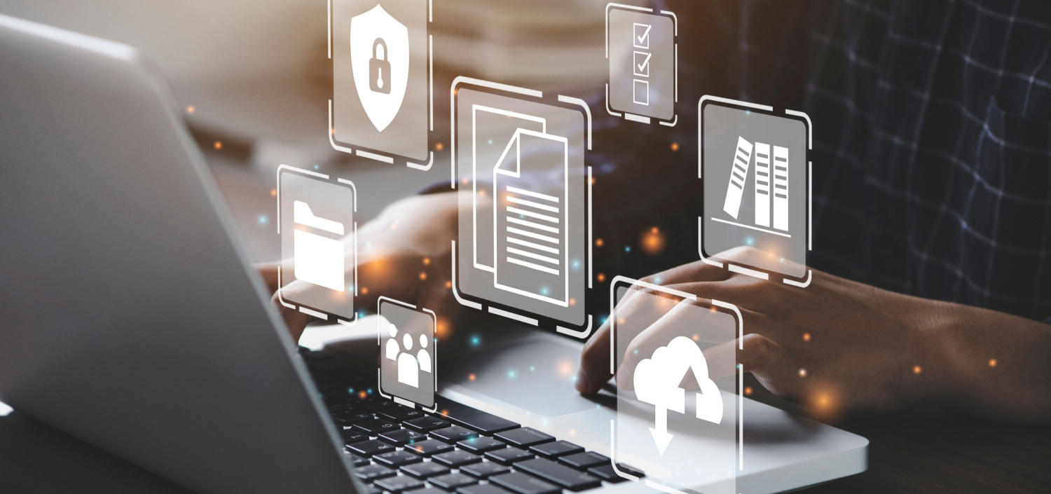 man working on a laptop with overlay of a software tools concept on the image | TCT Portal’s Native Tools Make PCI DSS 4.x Easy to Manage