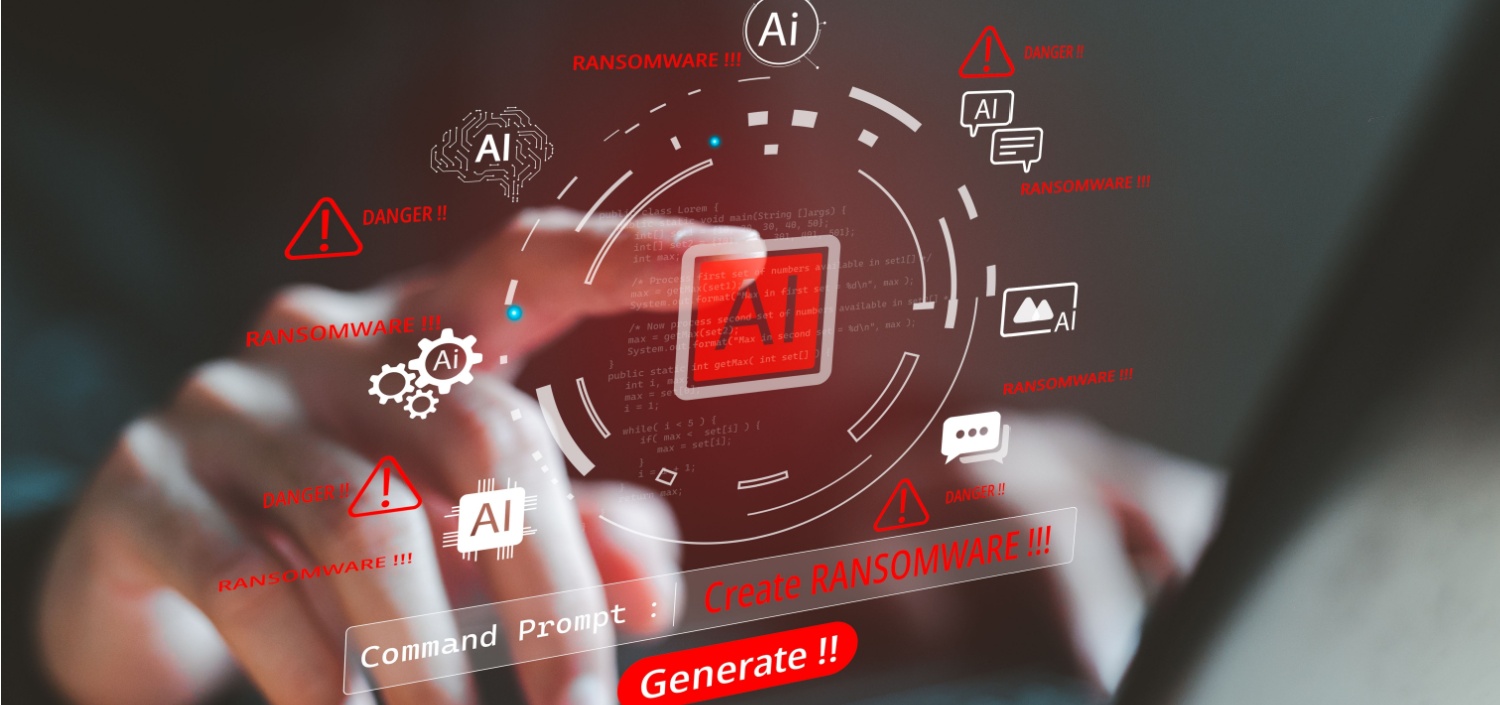 Hacker hands typing on laptop with AI-powered ransomware graphic overlay