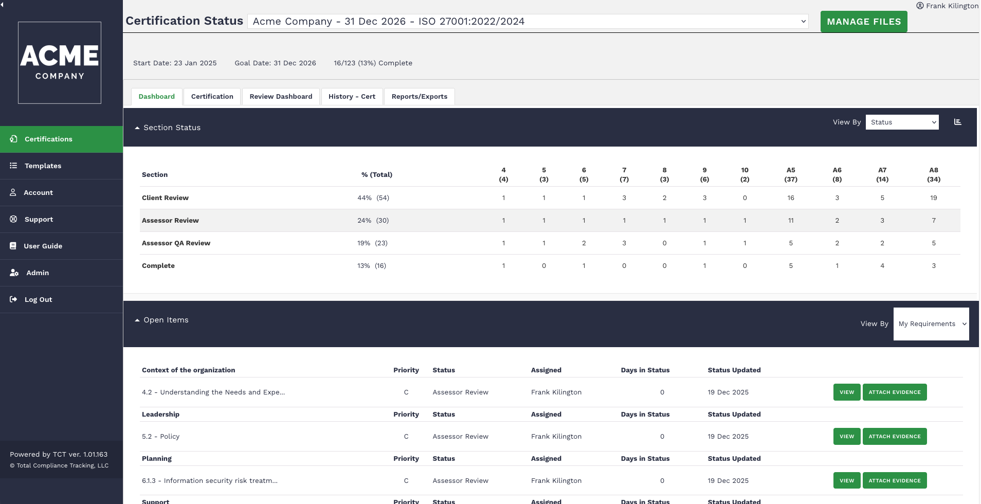 screenshot of the ISO dashboard in the TCT Portal