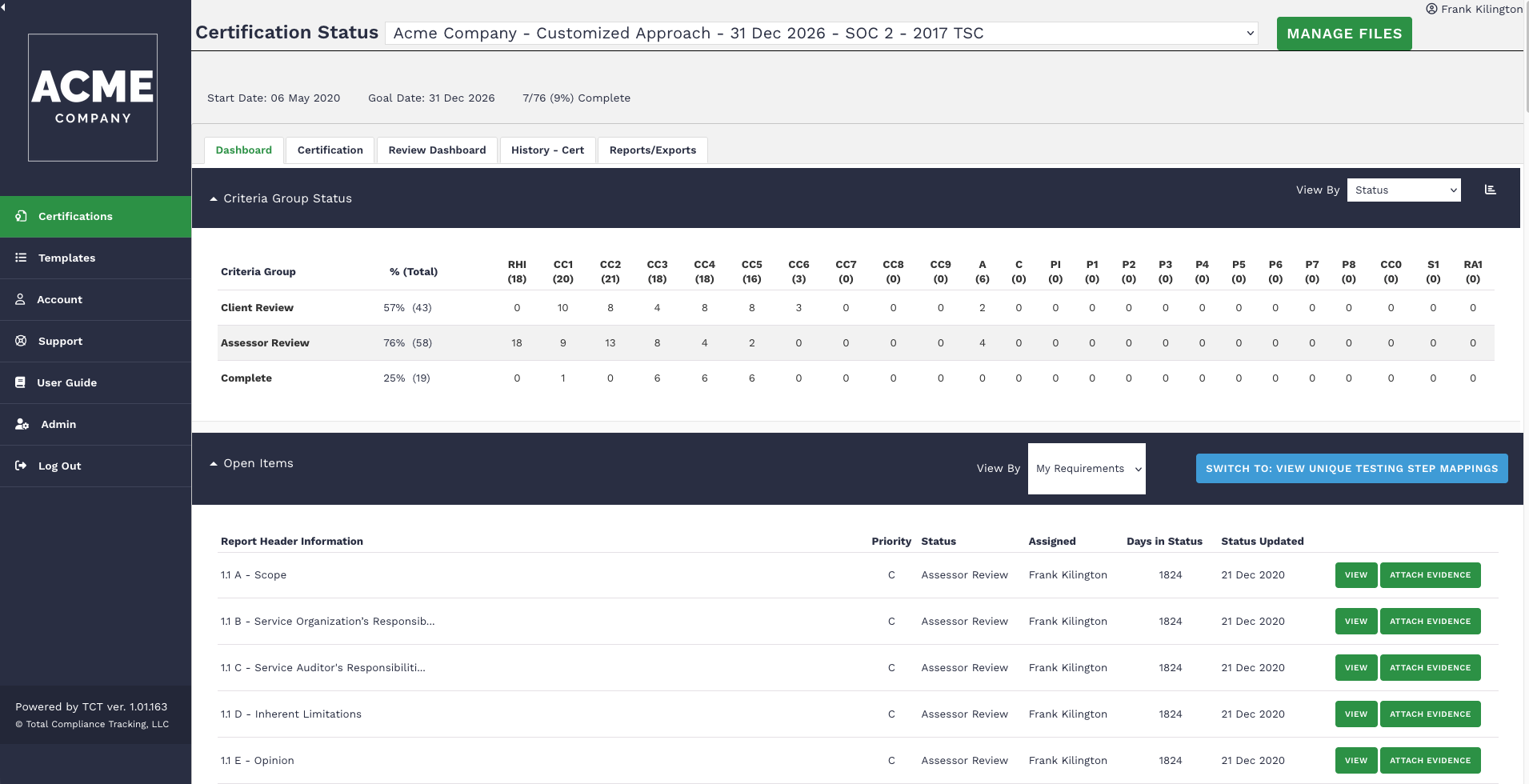 screenshot of the SOC2 dashboard in the TCT Portal